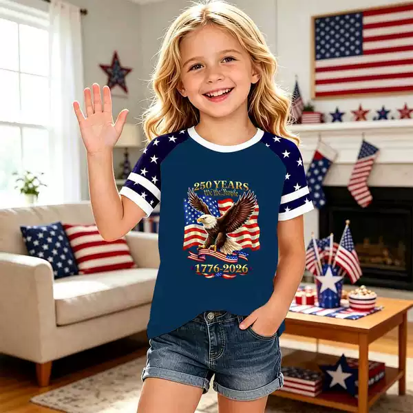 2026 Cross-Border Usa Independence Day Children's Short-Sleeve Flag Print Crew Neck Top Loose Fashion T-Shirt for Older Kids