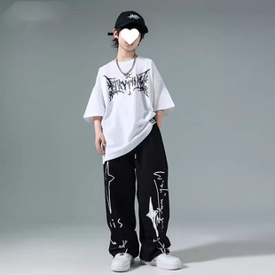 Children's Hip-hop Fashion Clothes suit Boys and Girls Summer Printed Short-sleeved Hip-hop Pants Hiphop Hip-hop Performance Clothes
