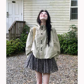 日系复古春秋外套女2025新款设计感花苞型宽松休闲工装夹克上衣潮