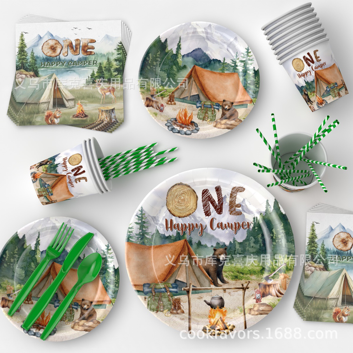 Caminata tema fiesta decoración fiesta camping hoguera bandeja de papel desechable vaso de papel toalla de papel vajilla de fiesta
