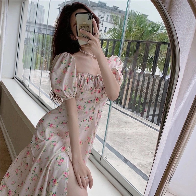 2021 summer new gentle first love dress French bubble sleeve small fresh sweet square collar blossom skirt