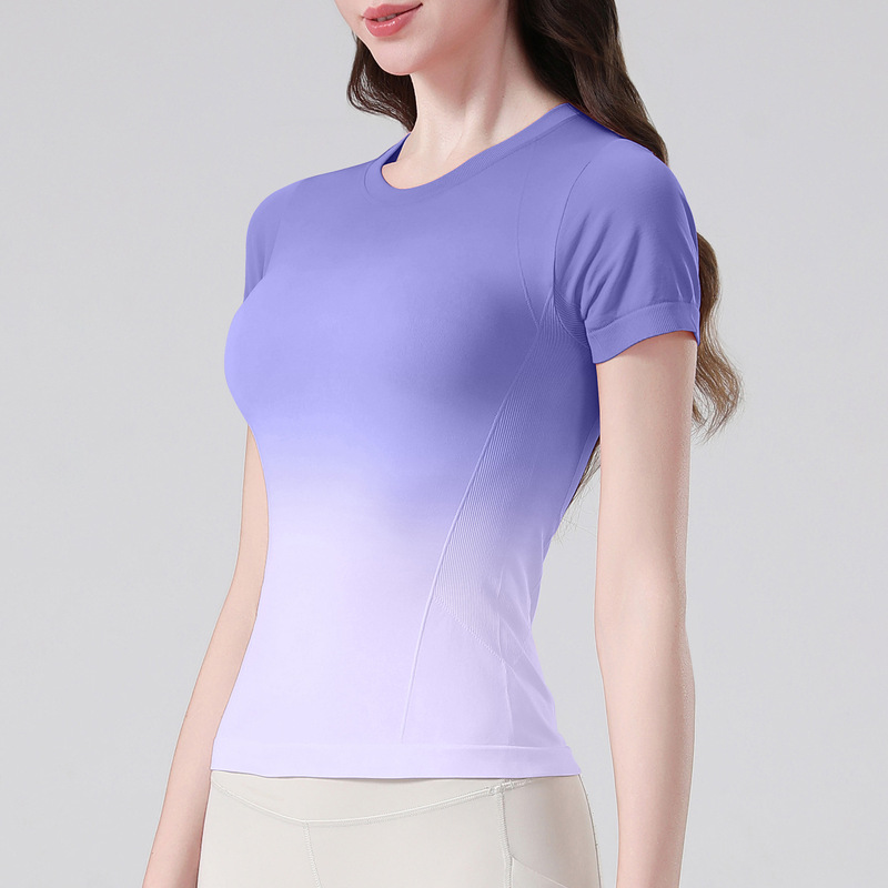 裕彩グラデーションヨガ上着スポーツシャツtシャツ軽薄ランニング女性速乾丸襟アウトドアトレーニング服|undefined