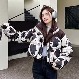 奶牛纹短款羽绒服女款2025冬季新款韩版宽松小个子立领面包服外套
