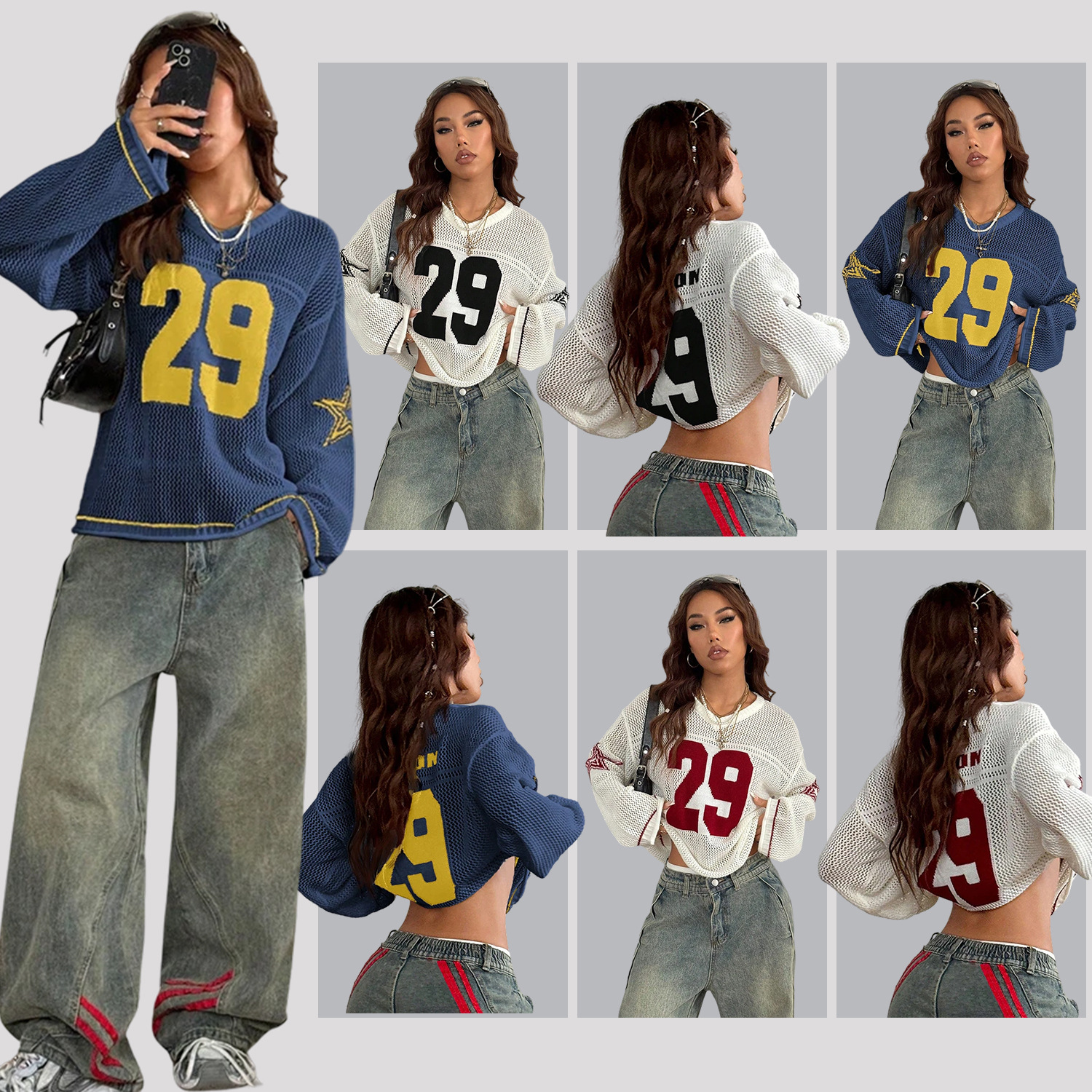 蒂加2025跨境欧美新款时尚休闲街头潮流数字印花V领长袖针织毛衣