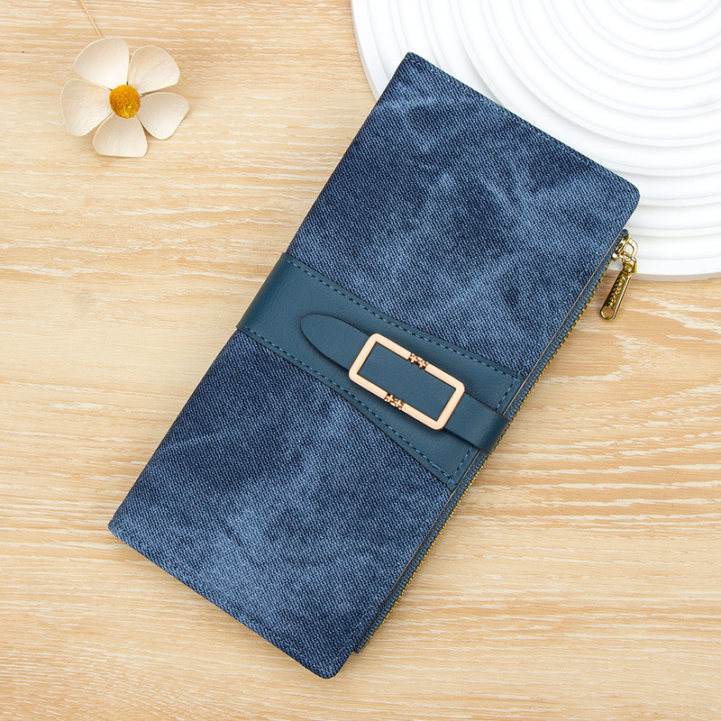 Korean Style Fashionable Buckle Women's Long Wallet Denim Style Zipper Card Holder Coin Purse Women's Clutch Wallet