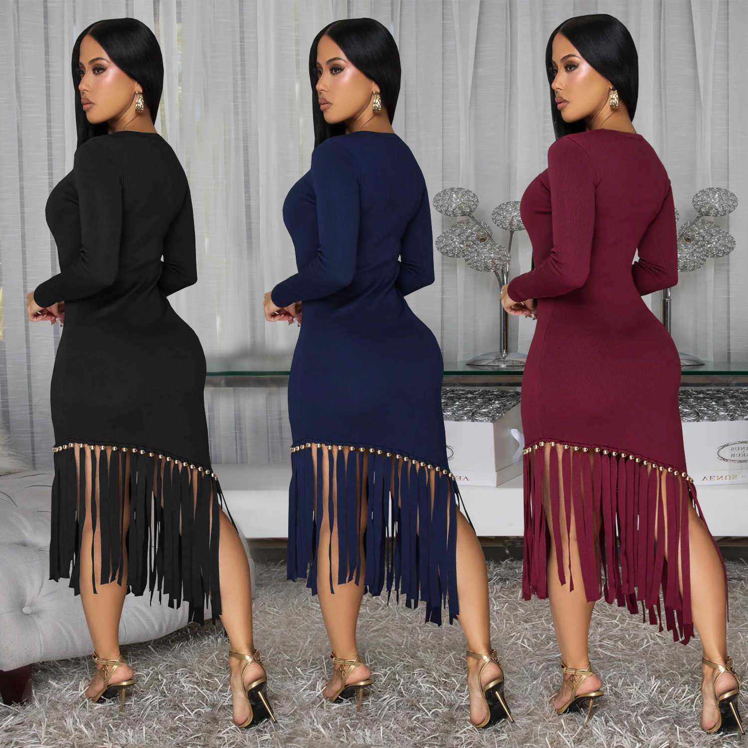 C7533 Aliexpress transfronterizo Amazon Europa y América moda femenina delgada de color sólido cuello redondo bordilla vestido de lados