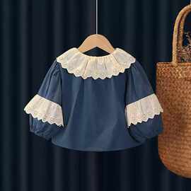 黁白女童衬衫长袖新款2025女孩法式洋气好看蓝色衬衣儿童秋装上衣