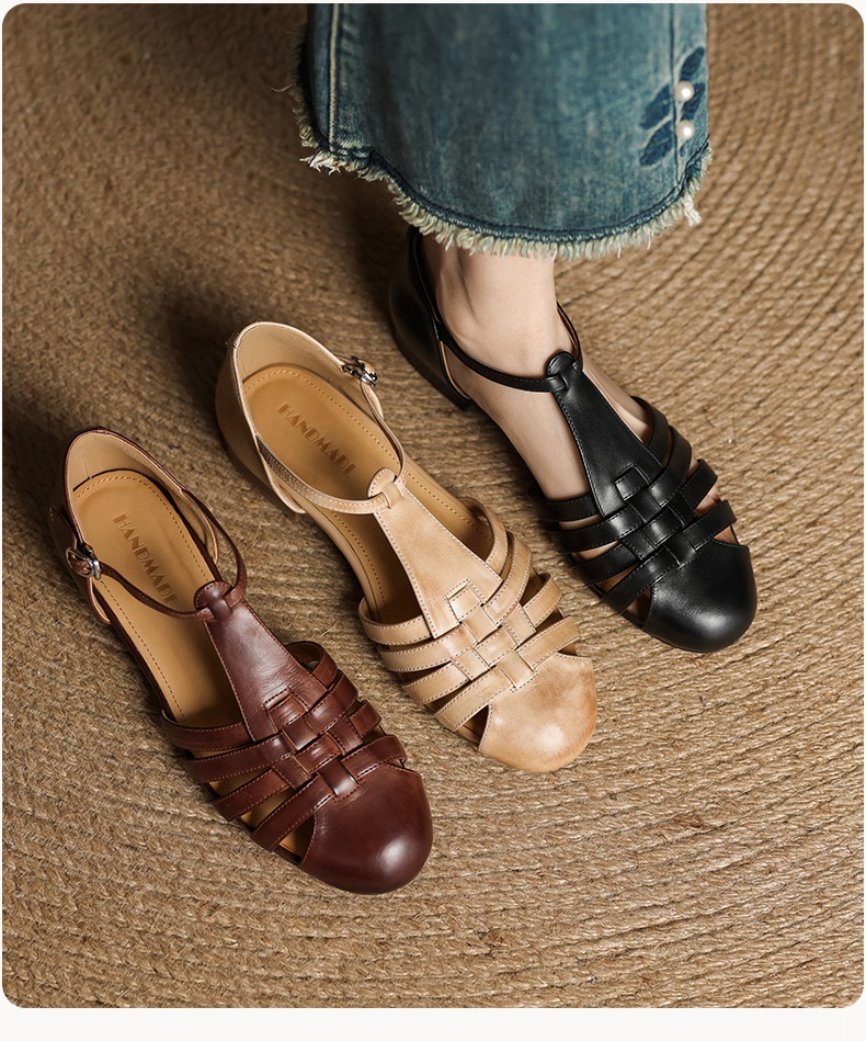Sandal nữ mũi nhọn da bò quai chữ T gót thấp phong cách La Mã — nâu chi tiết 18