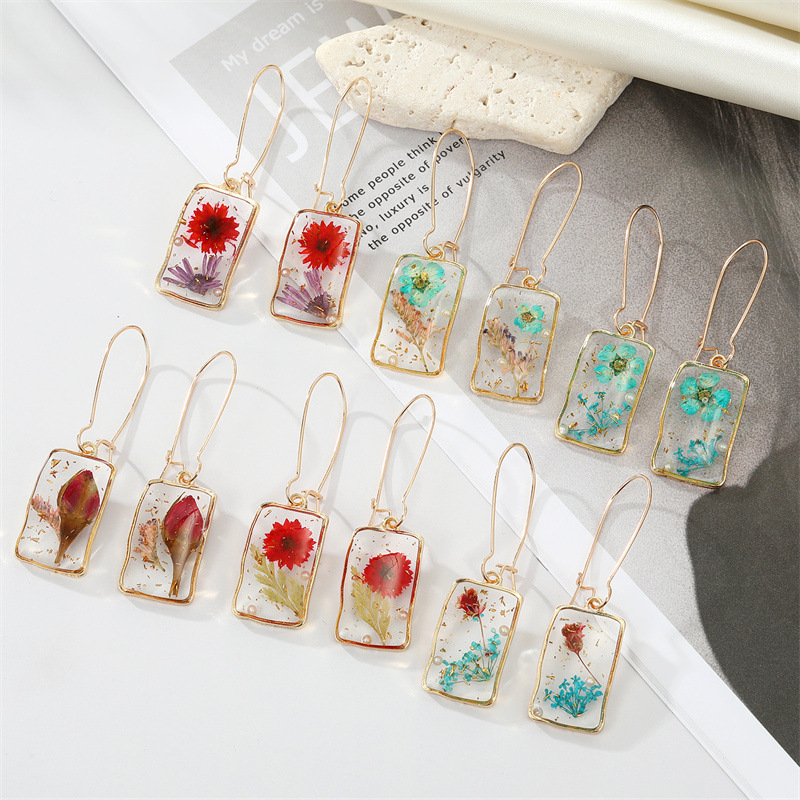 5g Weight 1 Pair Simple Style Dried Flower Epoxy Transparent Synthetic Resin Alloy Dangling Earrings