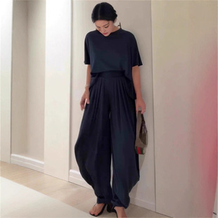 2025 New European and American Cross-Border Amazon Independent Station Casual Loose and Comfortable Solid Color Round Neck Wide Leg Pants Suit