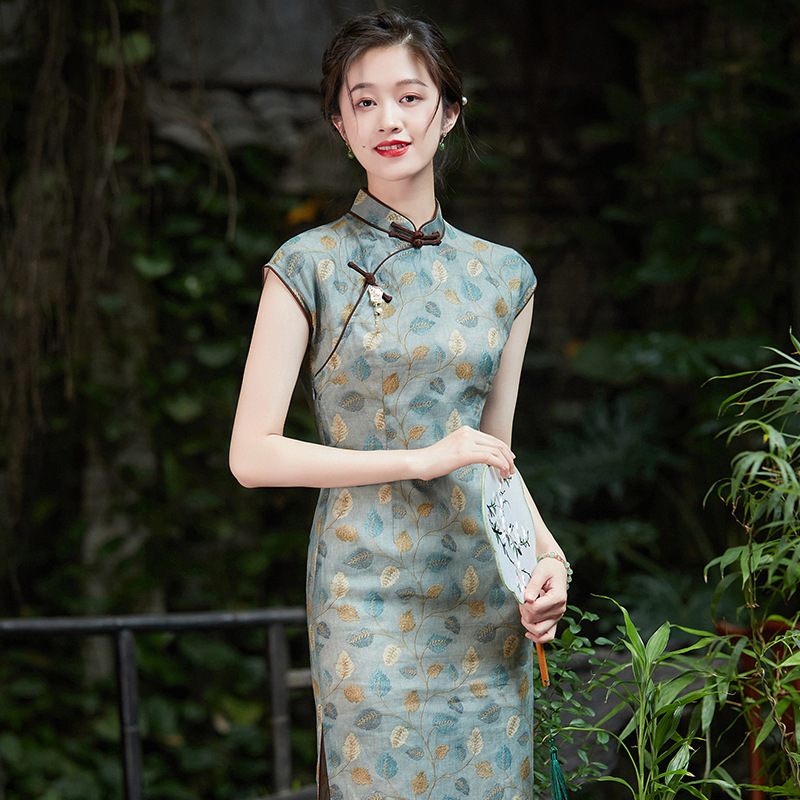 Golden Branches and Jade Leaves Elegant Qipao 2026 New Summer Chinese Style Ramie Print Daily Improved Version 230151