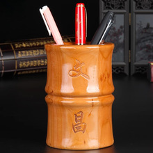 桃木木笔筒工艺品毛笔摆件木雕刻实木中式桃木质复古办公桌创意