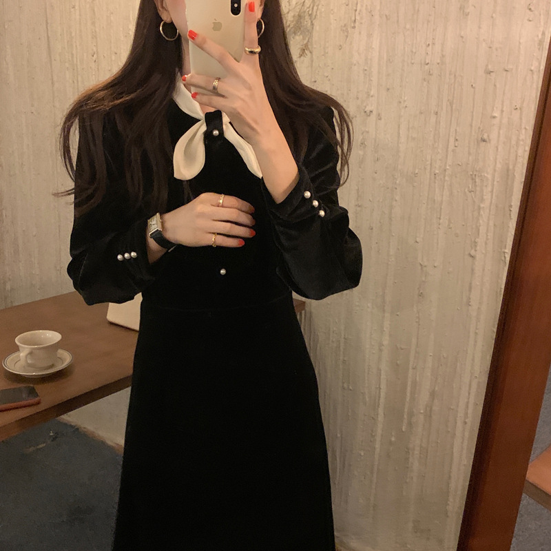 (2개) 진짜 2024 가을과 겨울 새로운 프랑스 헵번 스타일 우아한 벨벳 허리 활 원피스