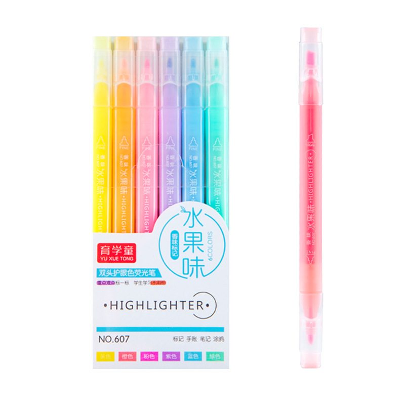 607-6 color resaltador de doble cabeza de protección para los ojos resaltador de sabor de frutas marcador de corrección de marcado de la pluma del estudiante
