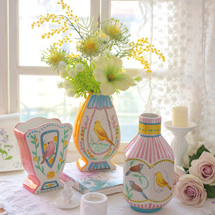Nightingale and Rose Pastoral Flower Bird Ceramic Vase High-End Home Flower Ornament Living Room Ornament