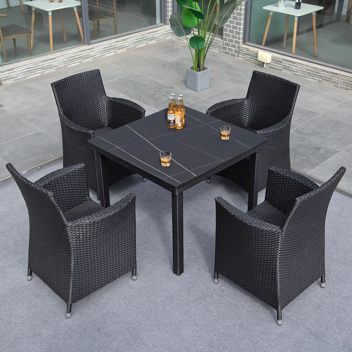 Mesas y sillas al aire libre, patio, combinación de sillas de ratán, terraza al aire libre, mesa de comedor comercial, silla, ocio, impermeable, protector solar