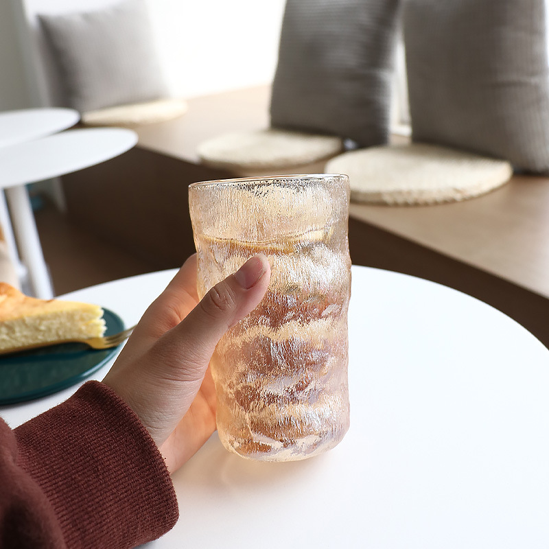 Ins Nordic Minimalist Glacier Pattern Glass Cup Gold Edge Rock Glass for Cold Drinks, Milk Tea, and Juice