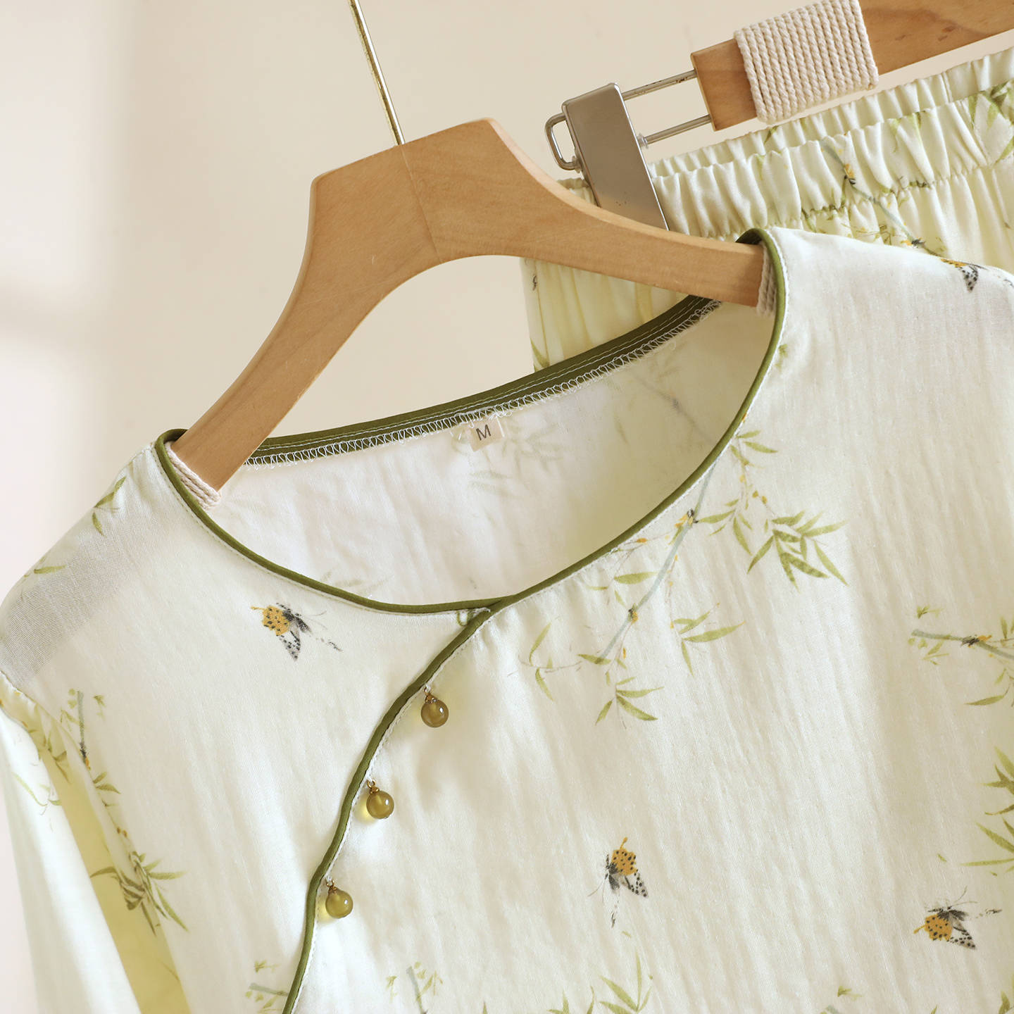 2026 Frühjahr/Sommer Neues Damen-Pyjama-Set 100% Baumwollgaze Chinesischer Stil Rundhals Dünne Ärmel Lange Hose Lose Hauskleidung – Detail 9