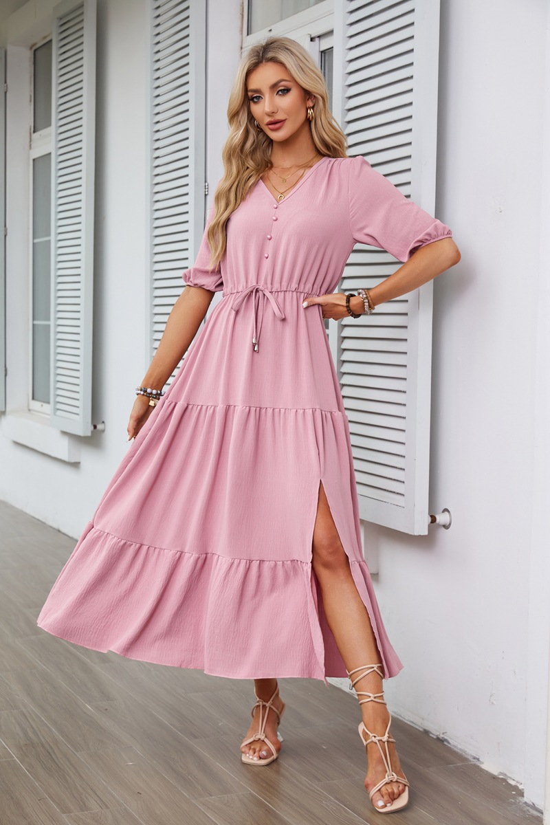 Femmes Robe Régulière Style Simple Col En V Bouton Manche Courte Couleur Unie Maxi Longue Robe Du Quotidien display picture 7