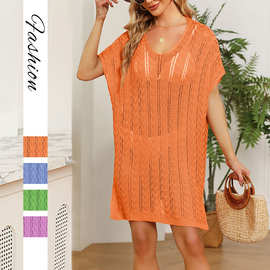 2026夏季跨境欧美女装新款V领纯色镂空沙滩裙外贸宽松大码罩衫