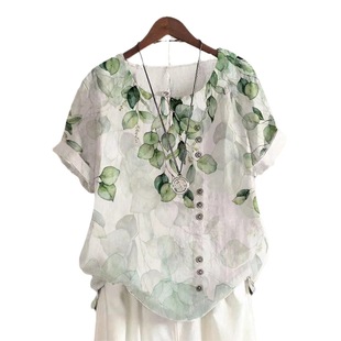 2025 Amazon Wish Aliexpress Women's Printed Retro Double Shadow Emerald Green Round Leaf Cotton and Linen Short-Sleeved T-Shirt Shirt