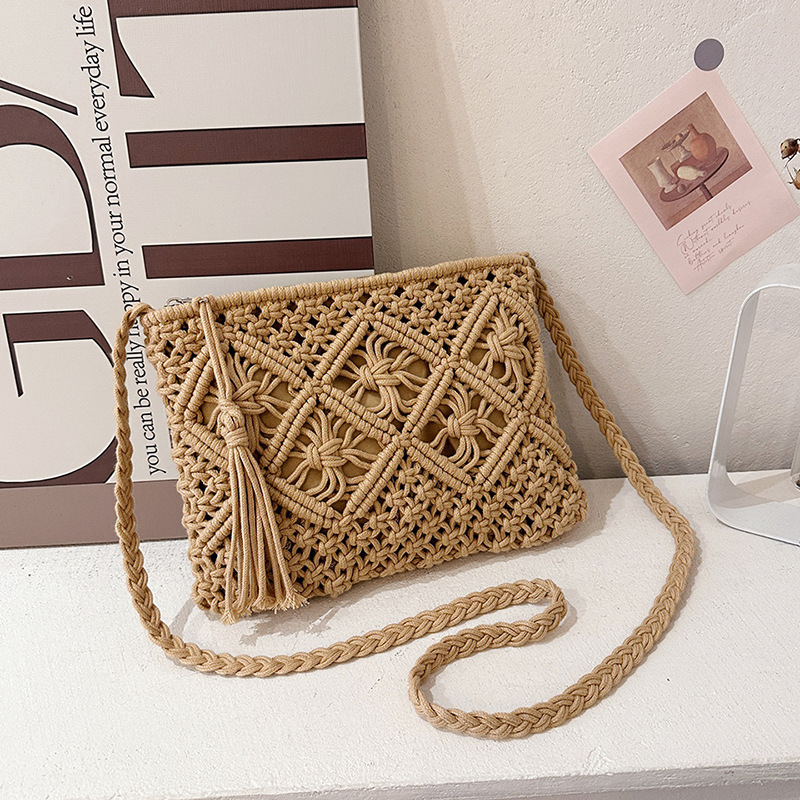 新款純手工編織棉繩包包女成品波希米亞度假風針織棉線編織斜挎包