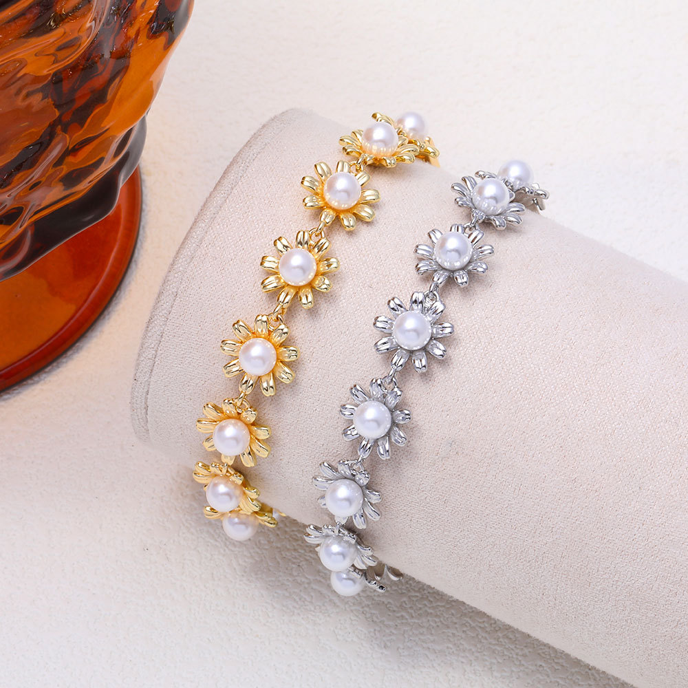Pulsera de cobre puro lujosa y a la moda para mujer con diseño geométrico de flor de girasol y perlas, única y sencilla._voghion.com