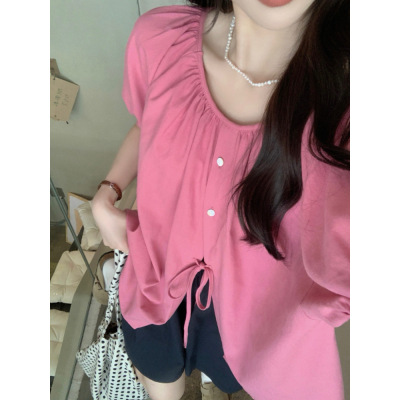 Retro design solid color shirt with a round collar