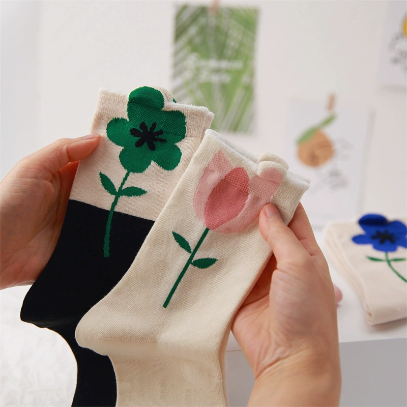 Tide, three dimensional knee socks, mid-length, flowered