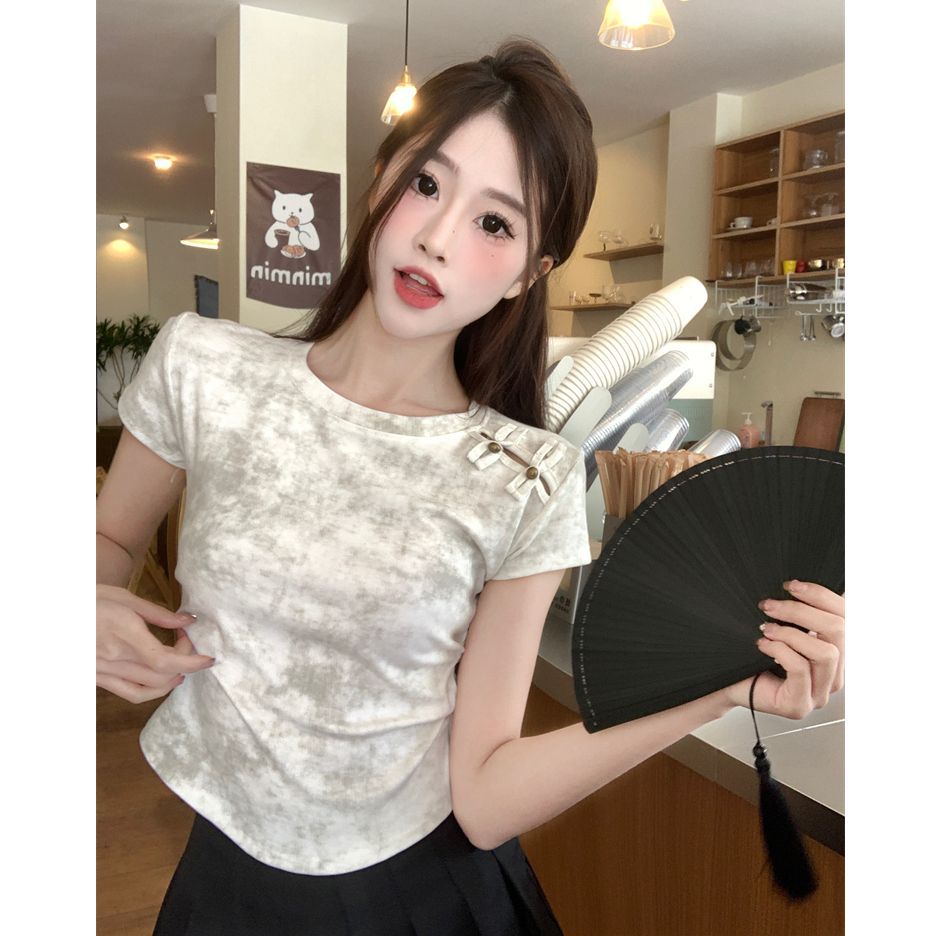 New Chinese Style National Style Cheongsam Tie-Dye Short-Sleeved T-Shirt for Women in Summer Pure Desire Sweet Sexy Short Top Unique and Beautiful