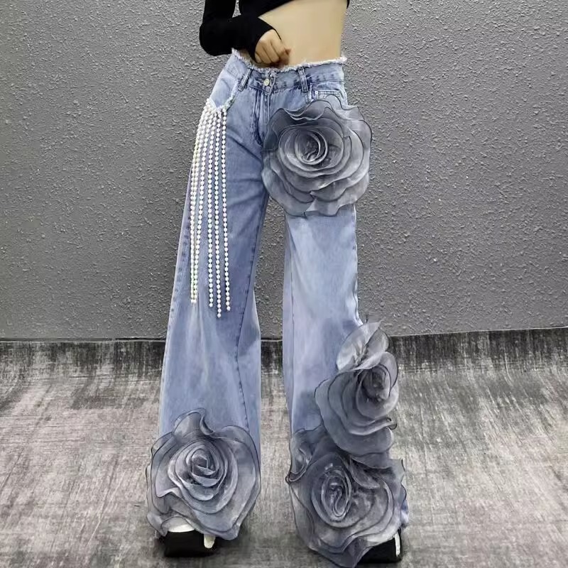 Vintage Plus Size Denim Wide-Leg Pants for Women 2025 New Slimming Frayed High-Waisted Floor-Length Pants with Three-Dimensional Floral Straight-Leg Design