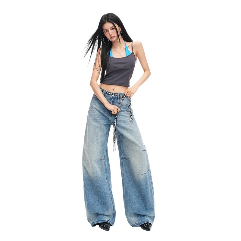 Spring and Summer New Style French Embroidered Blue Washed Mid-High Waist Slimming Wide-Leg Jeans for Women