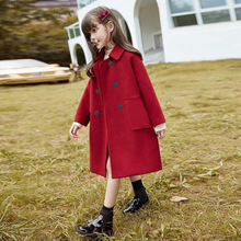 女童双面羊绒大衣中长款儿童呢子大衣轻奢毛呢风衣外套红色棉