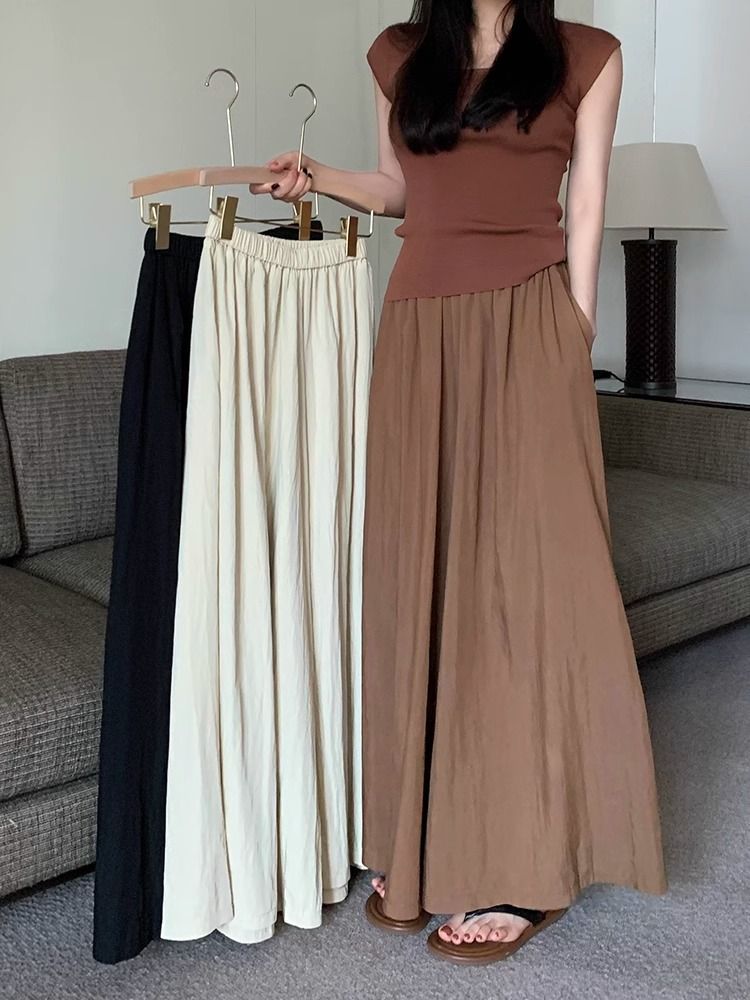Textured casual trousers for women new retro high waist slim design solid color wide leg skirt pants_voghion.com