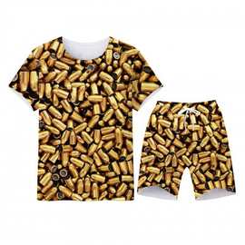 2022外贸数码印花烟头图案T恤套装 男女休闲3D短袖短裤两件套潮流