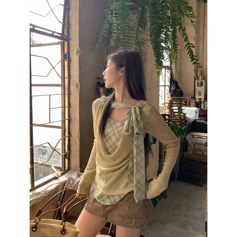 Original fabric, early autumn style, collared plaid top with ribbon detail, faux two-piece design, women's long-sleeved T-shirt with pleats, versatile and easy to match.
