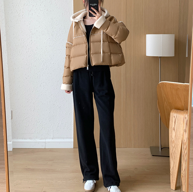 Giacca corta europea in piumino per donna stile corto cuciture colore a contrasto pelle PU leggera lusso alta qualità maglione largo 2024 nuovo inverno_voghion.com