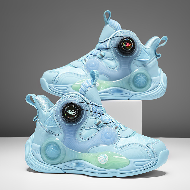 Fabricantes de zapatos de baloncesto de cuero de fondo grueso para niños con botón giratorio al aire libre anti-deslizante zapatillas deportivas frescas nuevas