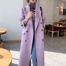 紫色正肩双面羊毛羊绒大衣秋冬新款韩版宽松西装毛呢外套