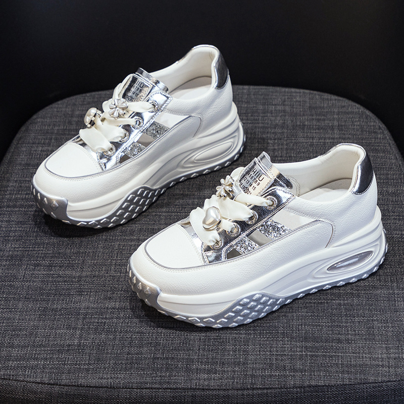 Giày sneaker nữ chunky đế dày da rỗng mùa hè 2025 tăng chiều cao — M2583 màu vàng kim, M2583 màu bạc