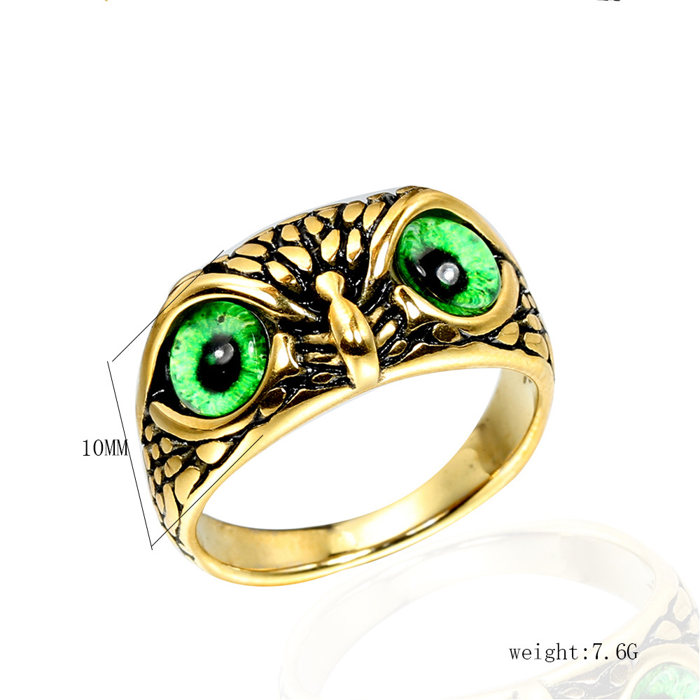 10g Weight Vacuum Plating Gold Plating Process Retro Owl Titanium Steel Cat's Eye Stone 18K Gold Plated Men's Rings Men Signet Rings