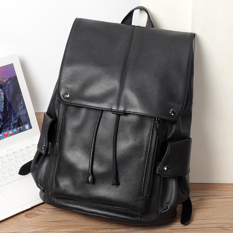 Ba lô da bò thật cho nam, kiểu dáng thời trang, đựng laptop 14 inch, dung tích 36–55L — Màu đen