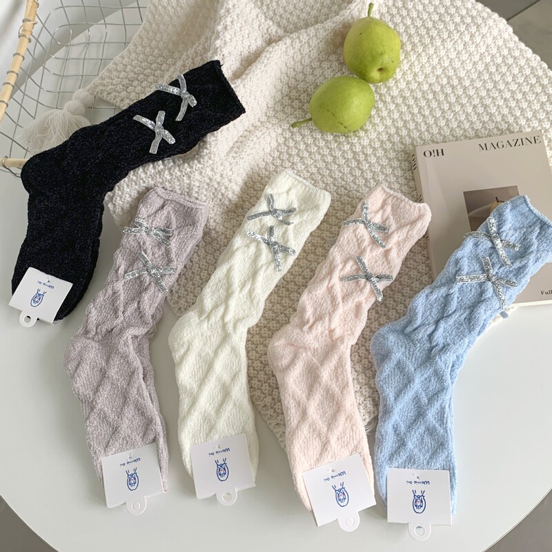 Silver Thread Bowknot Slouch Socks~ Autumn and Winter Soft and Warm Chenille Mid-Calf Socks in Warm Colors, Lolita Style