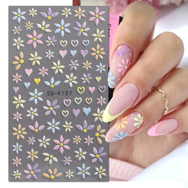 Cross-Border New Nail Art Stickers 5D Embossed Nail Stickers Daisy Dandelion Cartoon Kidsren's Nail Stickers