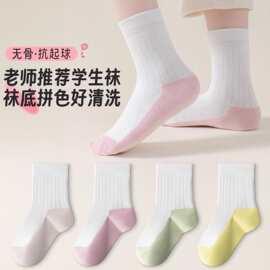 儿童袜子白色a类女童春秋季耐脏袜拼色新款无骨抗起球学生中筒袜