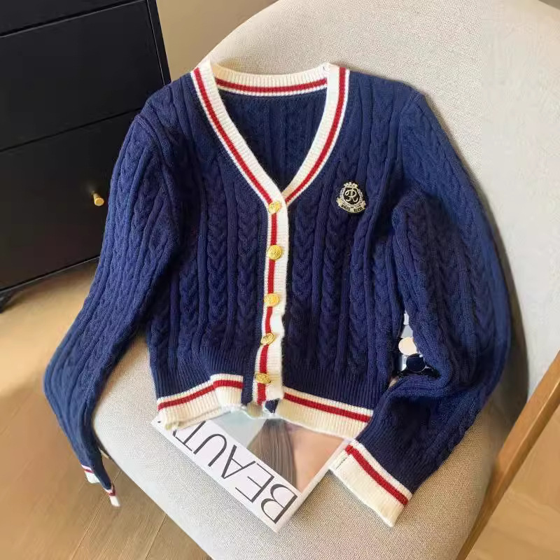 Retro College Style V-Neck Color-Blocked Knitted Cardigan 2026 Autumn and Winter New Stylish Slimming Cable Knit Sweater Coat for Women
