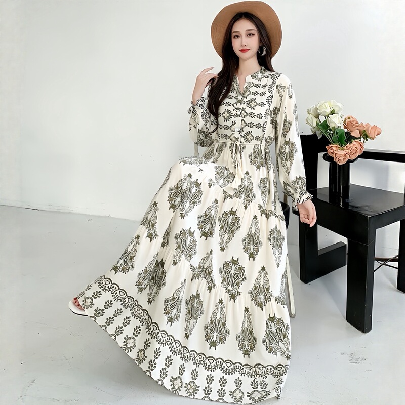 Southeast Asian Rayon Floral Long Skirt Bohemian Long-Sleeved Loose Dress Fat Girl Plus Size Maternity Skirt
