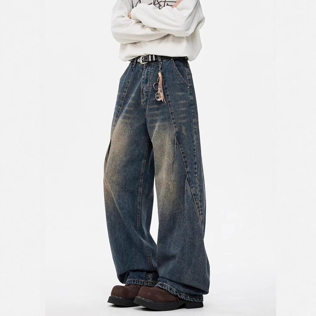 潮牌街头风水洗打褶弯刀牛仔裤男女美式解构阔腿宽松直筒休闲长裤