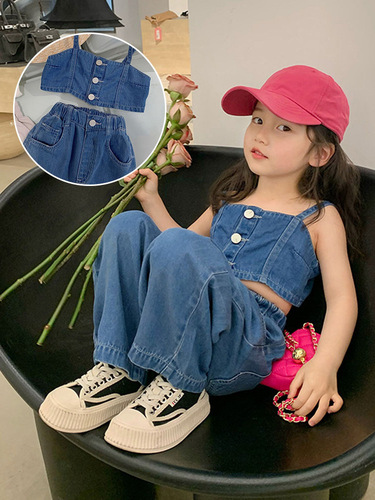 Children's denim suit summer girls halter top + wide leg pants two-piece set 3-8 years old one piece dropshipping