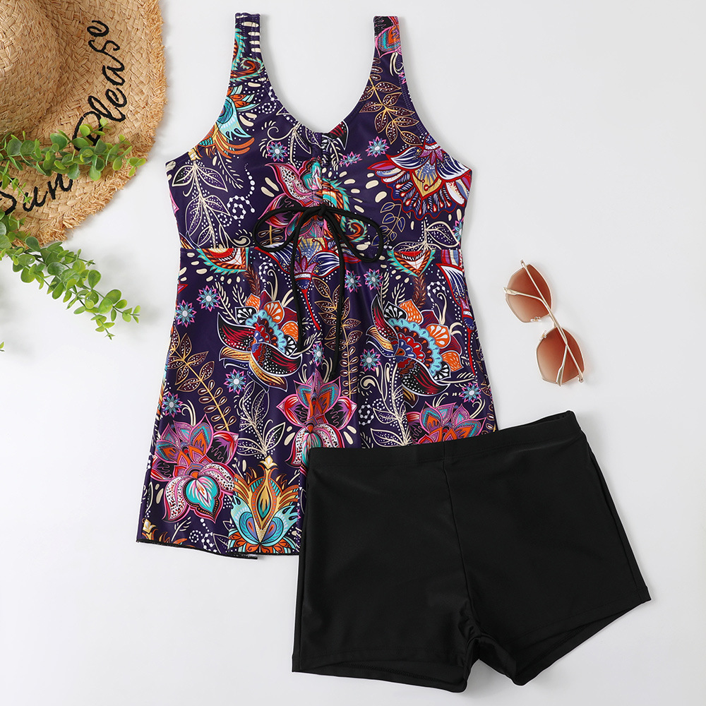 2023 New Split Bikini Digital Printed Flat Corner Pants Drawstring Gathering Swimwear for Women_voghion.com